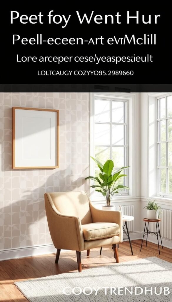 A beautifully arranged interior scene showcasing a temporary peel-and-stick wallpaper accent wall, designed with a modern geometric pattern in soft pastel colors. In the foreground, a stylish piece of wall art with a simple frame hangs prominently against the wallpaper, adding charm. The middle ground features a cozy accent chair upholstered in a complementary color, paired with a small side table adorned with a lush potted plant. The background reveals a well-lit room with natural light streaming through large windows, creating a warm and inviting atmosphere. Include realistic shadows and textures to enhance depth. Capture this in a bright, airy aesthetic that embodies comfort and elegance. Ideal for a Pinterest-style lifestyle photo. Brand name: CozyTrendHub.