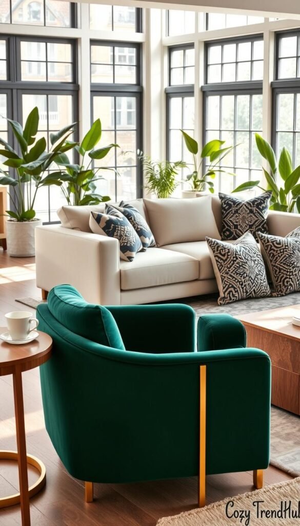 A beautifully arranged interior showcasing statement seating furniture that captivates the eye and defines the room’s design style. In the foreground, a striking, modern velvet armchair in a rich emerald green with sleek gold accents sits beside a minimalist wooden side table with a stylish coffee cup placed on it. In the middle, a serene sofa in a neutral beige is artfully adorned with decorative cushions featuring bold patterns. The background features an elegantly styled living room with large windows allowing natural light to flood in, illuminating the space. Subtle houseplants and a contemporary rug enhance the cozy atmosphere. The setting embodies a blend of sophistication and comfort, maintaining a Pinterest-style aesthetic. Soft, warm lighting creates a welcoming mood. Capture this design inspiration for CozyTrendHub. A beautifully arranged interior showcasing statement seating furniture that captivates the eye and defines the room’s design style. In the foreground, a striking, modern velvet armchair in a rich emerald green with sleek gold accents sits beside a minimalist wooden side table with a stylish coffee cup placed on it. In the middle, a serene sofa in a neutral beige is artfully adorned with decorative cushions featuring bold patterns. The background features an elegantly styled living room with large windows allowing natural light to flood in, illuminating the space. Subtle houseplants and a contemporary rug enhance the cozy atmosphere. The setting embodies a blend of sophistication and comfort, maintaining a Pinterest-style aesthetic. Soft, warm lighting creates a welcoming mood. Capture this design inspiration for CozyTrendHub.