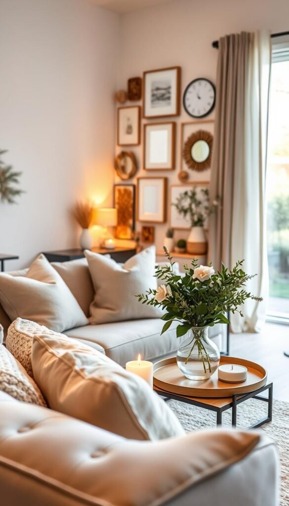 A beautifully arranged interior showcasing the best aesthetic decor mix for a modern home. In the foreground, a cozy living room features a plush, neutral-toned sofa adorned with pastel throw pillows. A stylish coffee table holds artisanal candles and a contemporary vase filled with fresh greenery. In the middle, a gallery wall displays an eclectic collection of framed art and mirrors, surrounded by warm, ambient lighting that creates a welcoming atmosphere. The background reveals a light-filled space with a large window dressed in sheer curtains, revealing a glimpse of a serene garden. The mood is tranquil and inviting, perfect for a lifestyle article. Capture the essence of "CozyTrendHub" by highlighting comfort, style, and seasonal charm, using soft focus and natural light to enhance the aesthetic. A beautifully arranged interior showcasing the best aesthetic decor mix for a modern home. In the foreground, a cozy living room features a plush, neutral-toned sofa adorned with pastel throw pillows. A stylish coffee table holds artisanal candles and a contemporary vase filled with fresh greenery. In the middle, a gallery wall displays an eclectic collection of framed art and mirrors, surrounded by warm, ambient lighting that creates a welcoming atmosphere. The background reveals a light-filled space with a large window dressed in sheer curtains, revealing a glimpse of a serene garden. The mood is tranquil and inviting, perfect for a lifestyle article. Capture the essence of "CozyTrendHub" by highlighting comfort, style, and seasonal charm, using soft focus and natural light to enhance the aesthetic.