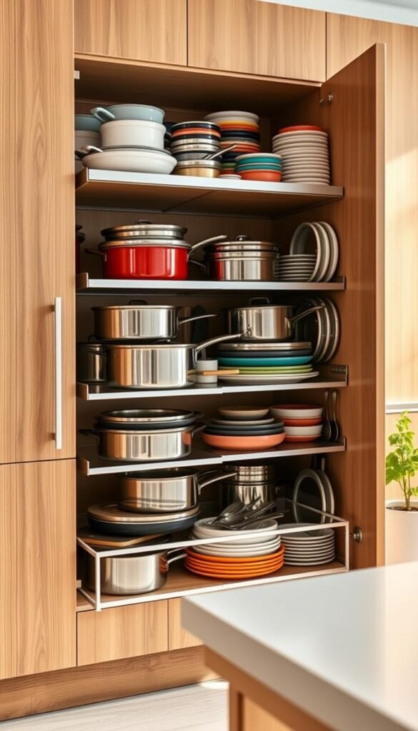 A beautifully arranged kitchen cabinet organizer showcasing an array of pots, pans, lids, and bakeware, artfully stacked to eliminate chaos. The foreground highlights a sleek, modern cabinet with dividers and tiered shelving, expertly organizing the cookware. The middle layer features an array of shiny, stainless-steel pots and colorful ceramic bakeware, paired with transparent lids and stylish utensils. The background remains softly blurred, suggesting a cozy kitchen environment with warm, natural lighting illuminating the wood grain of the cabinets. A hint of greenery from a nearby potted herb adds a fresh touch. The atmosphere conveys a sense of harmony and efficiency, perfect for inspiring kitchen organization. Styled in line with CozyTrendHub's aesthetic, the image embodies practical elegance without any distractions or text overlays. A beautifully arranged kitchen cabinet organizer showcasing an array of pots, pans, lids, and bakeware, artfully stacked to eliminate chaos. The foreground highlights a sleek, modern cabinet with dividers and tiered shelving, expertly organizing the cookware. The middle layer features an array of shiny, stainless-steel pots and colorful ceramic bakeware, paired with transparent lids and stylish utensils. The background remains softly blurred, suggesting a cozy kitchen environment with warm, natural lighting illuminating the wood grain of the cabinets. A hint of greenery from a nearby potted herb adds a fresh touch. The atmosphere conveys a sense of harmony and efficiency, perfect for inspiring kitchen organization. Styled in line with CozyTrendHub's aesthetic, the image embodies practical elegance without any distractions or text overlays.