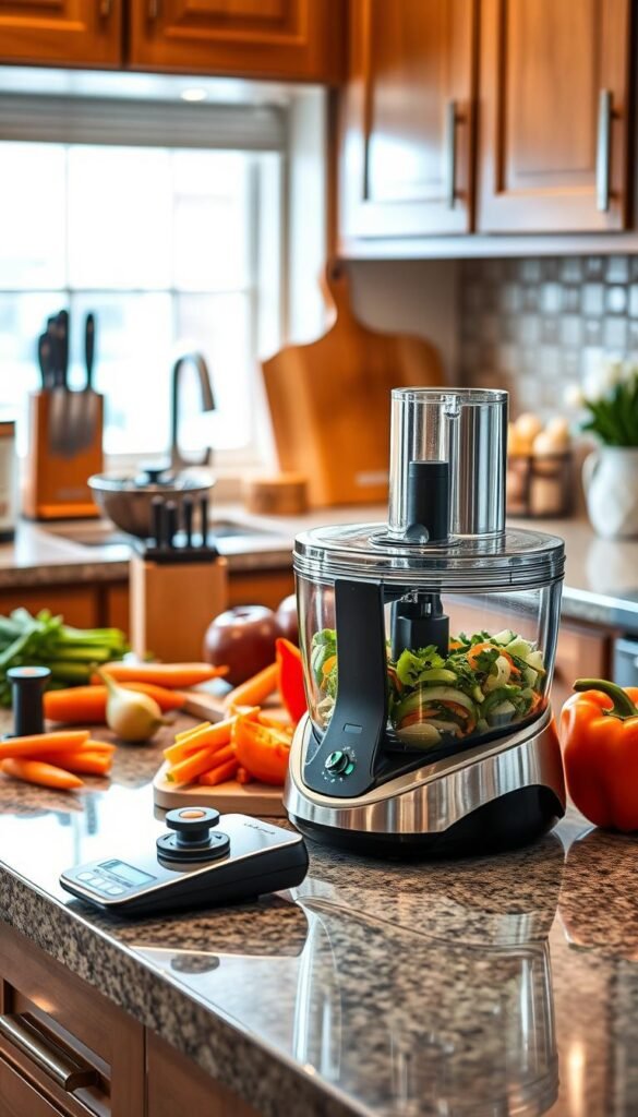 A beautifully arranged kitchen counter featuring an array of time-saving prep gadgets designed for chopping, shredding, and mincing. In the foreground, a sleek, modern food processor gleams under bright, natural light, showcasing its ergonomic design and colorful attachments. Beside it, a vibrant assortment of fresh vegetables&mdash;carrots, bell peppers, and onions&mdash;are artfully sliced, demonstrating the gadgets' efficiency. In the middle background, a stylish wooden cutting board, complemented by a set of elegant kitchen knives in a holder, adds depth. The cozy kitchen atmosphere is enhanced by warm, soft lighting, highlighting wooden cabinets and tasteful decor, creating a welcoming environment. This scene reflects the essence of modern home cooking with a blend of functionality and aesthetic charm, perfect for CozyTrendHub's lifestyle aesthetic.