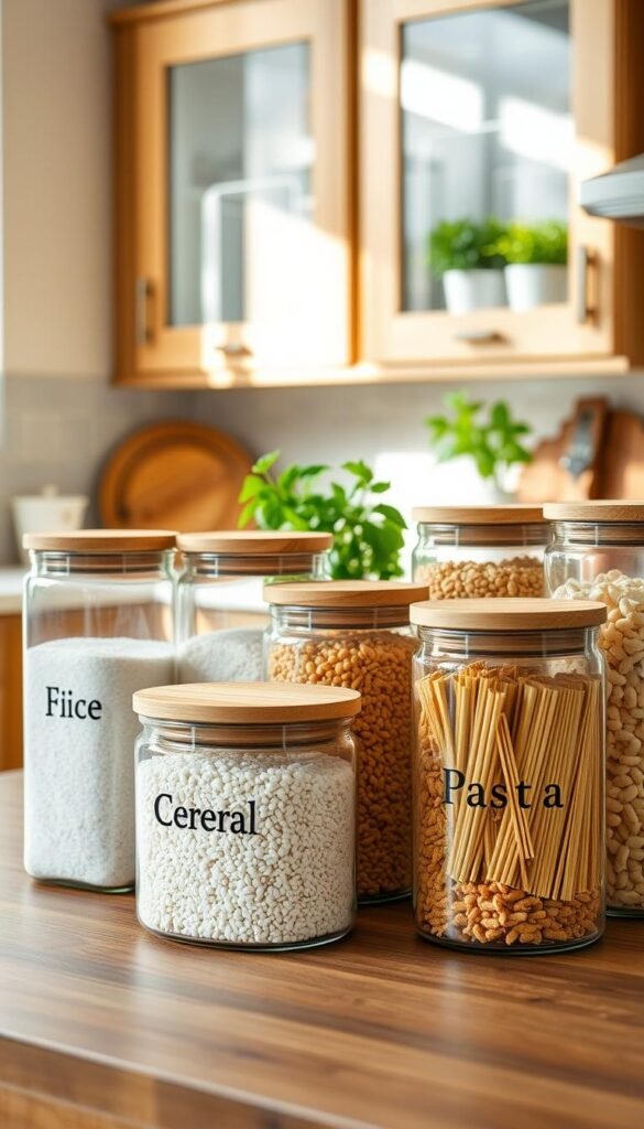 A beautifully arranged kitchen counter showcasing a variety of airtight storage containers labeled for flour, rice, pasta, and cereal. The containers are made of clear glass with sleek bamboo lids, allowing the contents to be visible, creating an inviting and organized atmosphere. In the foreground, focus on a couple of well-stacked containers, while the middle ground features several others neatly aligned. The background includes a warm, softly lit kitchen with natural wood cabinets and fresh herbs in small pots, enhancing the homey ambiance. The lighting is bright and inviting, mimicking afternoon sunshine filtering through a window. The scene evokes a cozy, stylish vibe fitting for modern kitchens and aligns with the aesthetic of "CozyTrendHub." A beautifully arranged kitchen counter showcasing a variety of airtight storage containers labeled for flour, rice, pasta, and cereal. The containers are made of clear glass with sleek bamboo lids, allowing the contents to be visible, creating an inviting and organized atmosphere. In the foreground, focus on a couple of well-stacked containers, while the middle ground features several others neatly aligned. The background includes a warm, softly lit kitchen with natural wood cabinets and fresh herbs in small pots, enhancing the homey ambiance. The lighting is bright and inviting, mimicking afternoon sunshine filtering through a window. The scene evokes a cozy, stylish vibe fitting for modern kitchens and aligns with the aesthetic of "CozyTrendHub."
