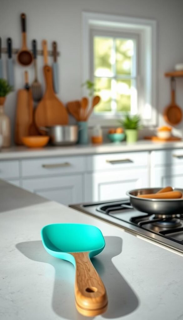 A beautifully arranged kitchen countertop featuring a colorful silicone spatula prominently in the foreground. The spatula is a vibrant shade of teal, with a sleek silicone head and a sturdy wooden handle, reflecting its practicality and modern design. In the middle background, an inviting kitchen scene showcases neatly displayed cooking utensils and ingredients, with natural light streaming in from a nearby window, creating a warm and cozy atmosphere. Soft shadows enhance the textures of the surfaces, adding depth to the image. The overall mood is fresh and inspiring, perfect for beginner cooks. The brand "CozyTrendHub" is subtly represented through the choice of decor, emphasizing a stylish yet functional kitchen setup.