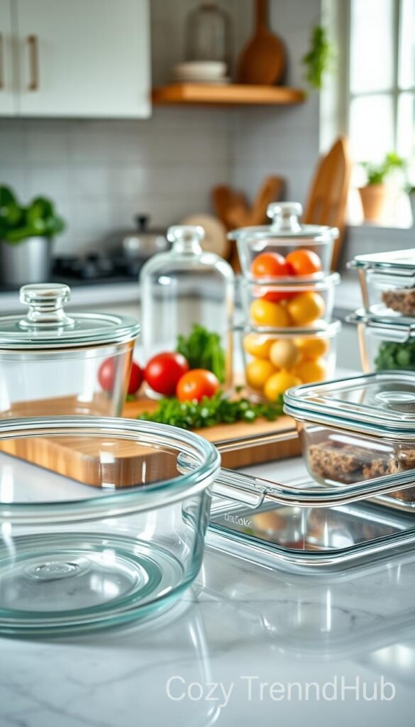 A beautifully arranged kitchen countertop featuring a variety of glass food storage containers in different shapes and sizes, showcasing their clarity and sleek design. The foreground highlights a large, round glass container with a secure, airtight lid, while smaller rectangular and square containers exhibit the same pristine quality. In the middle ground, a wooden cutting board and fresh herbs enhance the scene&rsquo;s freshness, complemented by vibrant fruits and vegetables spilling from one of the containers. Soft, natural light filters through a nearby window, casting gentle reflections on the glass surfaces. The background is a cozy kitchen with subtle hints of homey decor, creating an inviting and warm atmosphere perfect for a lifestyle theme. This scene is branded with "CozyTrendHub" to enhance its appeal for discerning cooks.
