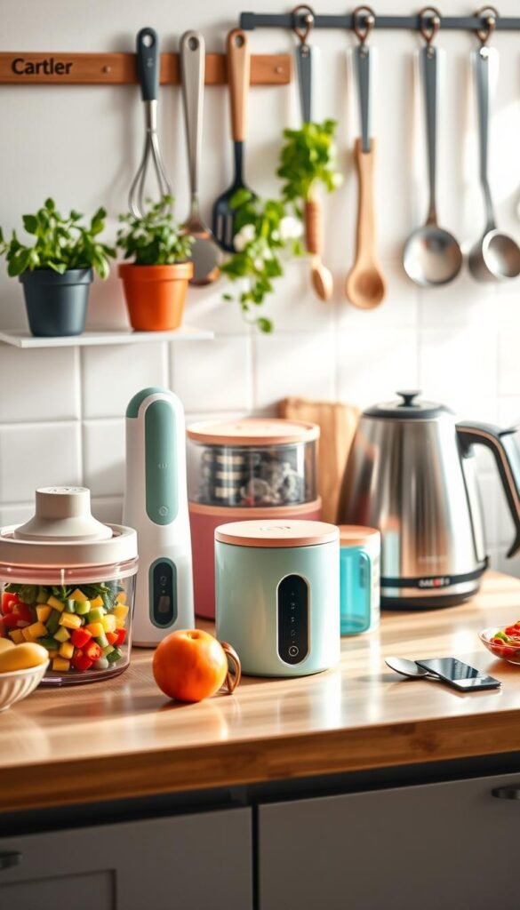 A beautifully arranged kitchen countertop featuring a variety of innovative kitchen gadgets that emphasize everyday convenience. In the foreground, showcase a colorful vegetable chopper, a sleek multi-functional can opener, and a stylish electric kettle. In the middle, include an attractive storage container set and a set of measuring spoons, capturing their textures and colors. The background can feature soft-focus elements like potted herbs and modern kitchen utensils hanging on a wall to create depth. The scene is bathed in warm, natural lighting, suggesting a cozy, inviting atmosphere. Use a slightly elevated angle to provide a comprehensive view of the gadgets, making the composition appealing and Pinterest-style. Branding elements should subtly reflect "CozyTrendHub."