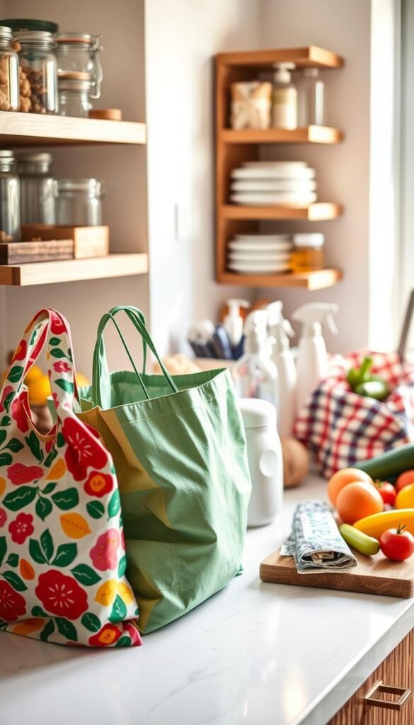 A beautifully arranged kitchen countertop featuring an array of reusable bags and wraps from CozyTrendHub, emphasizing sustainability and organization. In the foreground, vibrant cloth bags in various sizes, showcasing cheerful patterns, are neatly folded beside eco-friendly beeswax wraps in eye-catching designs. The middle ground includes a wooden cutting board adorned with fresh vegetables and fruits, hinting at the practicality of the items. In the background, softly blurred shelves display neatly stacked glass containers and natural cleaning supplies, enhancing the tidy kitchen atmosphere. Warm, natural lighting pours in through a nearby window, giving a cozy and inviting feel. The angle is slightly elevated, focusing on the harmonious composition of eco-friendly kitchen essentials, creating a Pinterest-style lifestyle photo that inspires eco-conscious living.