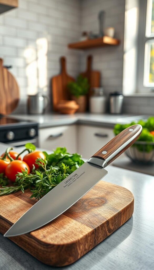 A beautifully arranged kitchen countertop showcasing a high-quality chef's knife and a bread knife, both with polished wooden handles and gleaming stainless steel blades. In the foreground, the knives are artfully placed on a rustic wooden cutting board, surrounded by fresh herbs like rosemary and basil, and colorful vegetables, creating a vibrant contrast. The middle ground features a softly lit kitchen with warm, ambient lighting highlighting the knives. Bright white subway tiles and minimalist decor in the background give a modern yet cozy atmosphere. A sunlit window casts a gentle glow, adding to the inviting mood of the scene. This image embodies a stylish, beginner-friendly kitchen setup, perfect for inspiring novice cooks. Styled in a Pinterest-inspired aesthetic by CozyTrendHub.