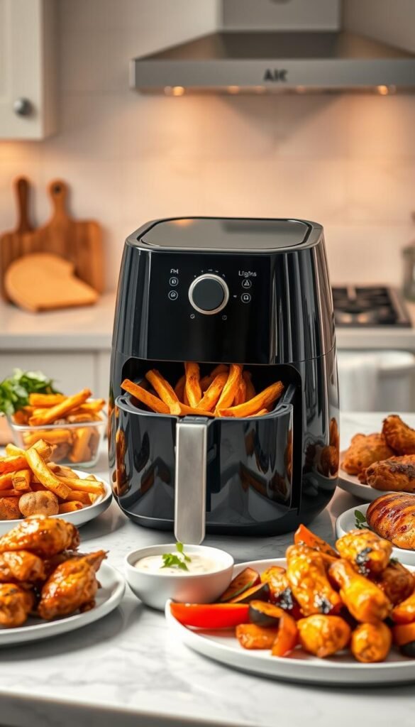 A beautifully arranged kitchen countertop showcasing a modern air fryer, elegantly placed in the foreground. Surrounding the air fryer, a variety of mouth-watering dishes such as crispy sweet potato fries, golden-brown chicken wings, and vibrant roasted vegetables are artfully plated on stylish kitchenware. In the middle background, soft-focus elements like a cutting board with fresh herbs and a bowl of dip accentuate the culinary theme. The backdrop features warm, ambient lighting enhancing the cozy and inviting atmosphere of the home kitchen. Use a shallow depth of field to draw attention to the food while hinting at the cheerful decor of the kitchen. Emphasize a clean, organized look representative of a beginner-friendly cooking space. Style the image to resonate with CozyTrendHub aesthetics, evoking a sense of warmth and home.