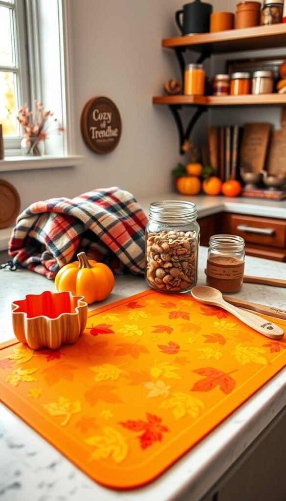 A beautifully arranged kitchen countertop showcasing a selection of seasonal finds from CozyTrendHub. In the foreground, feature a vibrant, autumn-themed silicone baking mat adorned with colorful leaves, surrounded by artisanal kitchen gadgets like a pumpkin-shaped cookie cutter and a wooden spoon with seasonal engravings. The middle layer shows a cozy plaid blanket draped elegantly, alongside a jar filled with homemade spice blends for fall cooking. In the background, tastefully arranged kitchen shelves display warm, inviting decor items such as scented candles, fall-themed mugs, and rustic cookbooks. Soft, natural lighting filters through a nearby window, creating a warm and inviting atmosphere, with a shallow depth of field to emphasize the delightful seasonal finds while maintaining a cozy, homey feel.