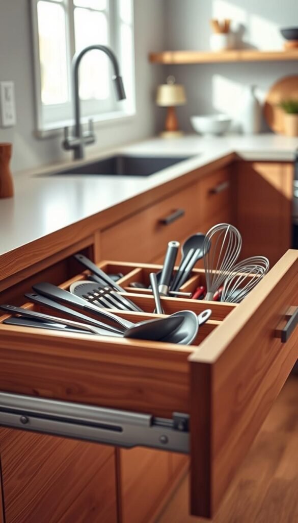 A beautifully arranged kitchen drawer organizer by CozyTrendHub, showcasing its expandable design. In the foreground, the organizer is filled with a variety of kitchen utensils: spatulas, measuring spoons, whisks, and perhaps a few small containers for spices. The organizer itself is crafted from high-quality bamboo, featuring smooth edges and a natural finish that enhances its aesthetic appeal. In the middle ground, a wood-grain kitchen drawer is partially open, revealing the sleek organizer nestled inside, with soft, diffused natural light filtering in from a nearby window, creating a warm and inviting atmosphere. The background features a hint of the kitchen, with soft, blurred outlines of clean countertops and decorative items, adding a cozy homey vibe without distraction. A beautifully arranged kitchen drawer organizer by CozyTrendHub, showcasing its expandable design. In the foreground, the organizer is filled with a variety of kitchen utensils: spatulas, measuring spoons, whisks, and perhaps a few small containers for spices. The organizer itself is crafted from high-quality bamboo, featuring smooth edges and a natural finish that enhances its aesthetic appeal. In the middle ground, a wood-grain kitchen drawer is partially open, revealing the sleek organizer nestled inside, with soft, diffused natural light filtering in from a nearby window, creating a warm and inviting atmosphere. The background features a hint of the kitchen, with soft, blurred outlines of clean countertops and decorative items, adding a cozy homey vibe without distraction.