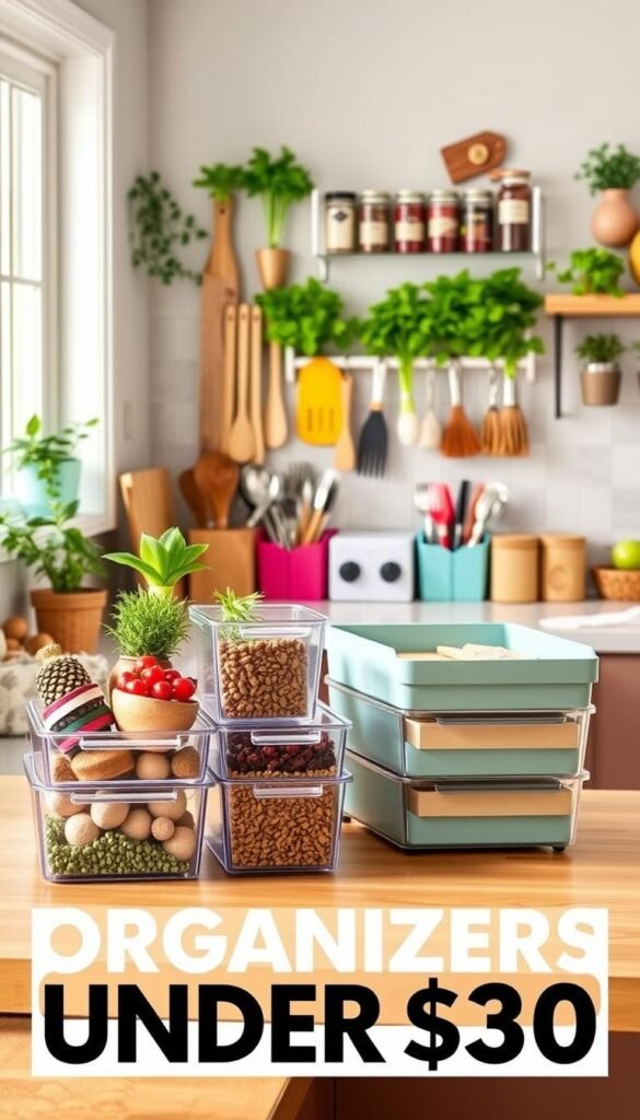 A beautifully arranged kitchen layout featuring a variety of stylish, budget-friendly organizers under $30. In the foreground, there's a neat wooden countertop displaying a sleek set of clear storage bins filled with colorful spices and herbs, alongside a chic tiered produce basket. In the middle, neatly stacked kitchen utensils in vibrant holders and a wall-mounted spice rack filled with neatly labeled jars add functionality and charm. The background shows soft natural lighting filtering through a window, highlighting the cozy decor with potted herbs and a stylish kitchen wall. The atmosphere is warm and inviting, evoking a sense of organization and home, perfectly in line with the aesthetic of CozyTrendHub. Use a wide-angle lens to capture the entire space effectively.