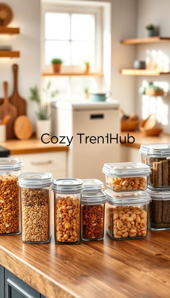 A beautifully arranged kitchen scene featuring a selection of food storage containers in various shapes and sizes, displayed elegantly on a rustic wooden countertop. In the foreground, clear, airtight containers filled with colorful grains, nuts, and dried fruits showcase both functionality and aesthetic appeal. The middle ground highlights a stylish, minimalist pantry bin in soft pastel colors, harmonizing with the home decor. The background features a warm, inviting kitchen atmosphere with natural light streaming in through a window, casting soft shadows. The overall mood is cozy and organized, with a touch of modern elegance. The brand name "CozyTrendHub" subtly incorporated in the scene, enhancing the lifestyle appeal. Use a high-quality lens for clarity and depth, focusing on the containers to showcase detail and texture.