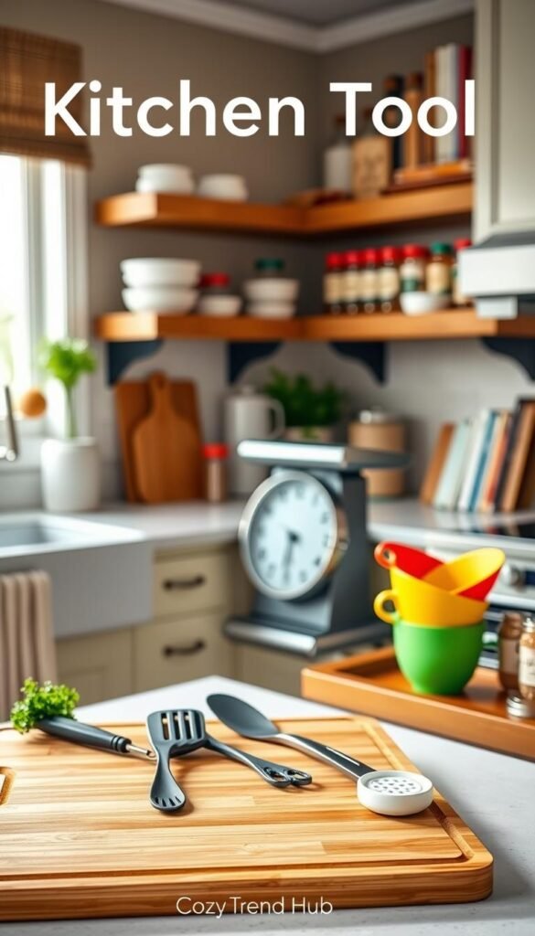 A beautifully arranged kitchen scene featuring a useful kitchen tool checklist, showcasing essential gadgets under $50. In the foreground, a well-organized wooden cutting board displays items like a herb stripper, silicone spatula, and multi-functional can opener. The middle ground highlights an elegant kitchen counter with a stylish, modern kitchen scale and colorful measuring cups. The background displays warm, inviting kitchen shelves filled with neatly arranged spices and cookbooks, bathed in soft, natural light filtering through a window. Use a shallow depth of field to create a cozy atmosphere, highlighting the tools while maintaining a welcoming home decor vibe. The image should resonate with Pinterest-style lifestyle aesthetics, branded subtly with "CozyTrendHub" in the scene.