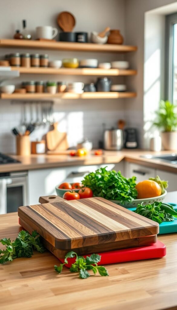 A beautifully arranged kitchen scene featuring a variety of cutting boards, showcasing both wooden and plastic options to highlight their differences. In the foreground, a smooth walnut cutting board is paired with a vibrant, colorful plastic board, surrounded by fresh vegetables and herbs to emphasize their use. In the middle ground, a stylish kitchen countertop with modern appliances and utensils enhances the functional atmosphere. The background reveals soft-focus shelves adorned with organized kitchenware, infusing a warm, inviting feel. Natural sunlight filters through a nearby window, casting gentle shadows and creating an inviting ambiance. The scene is captured with a slightly elevated angle to draw attention to the cutting boards. Ensure the overall composition reflects a cozy and practical kitchen setup for beginners. CozyTrendHub.