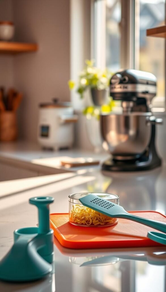 A beautifully arranged kitchen scene focusing on innovative cooking helpers that reduce mess and save your hands. In the foreground, highlight an ergonomic vegetable chopper, a stylish silicone spatula, and a colorful cutting board. The middle ground features a gleaming countertop with a sleek, modern kitchen appliance, like an electric mixer. In the background, softly blurred, a sunlit window offers a glimpse of fresh herbs on a sill, adding a touch of greenery. Warm, natural light filters through, creating a cozy and inviting atmosphere. The overall mood is warm and inviting, perfect for a modern home kitchen. This lifestyle image reflects the essence of CozyTrendHub, showcasing practical yet aesthetically pleasing kitchen gadgets.