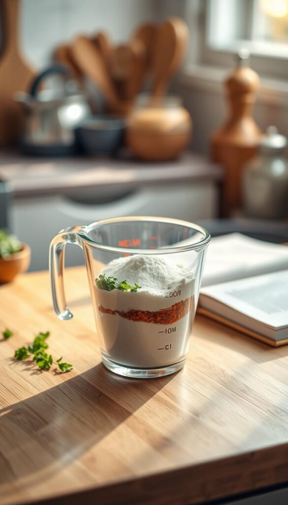 A beautifully arranged kitchen scene showcasing a sleek, transparent measuring cup filled with colorful ingredients like flour, sugar, and chopped herbs. The measuring cup is placed on a stylish wooden countertop, highlighted by warm, natural lighting streaming in from a nearby window. In the background, a collection of kitchen utensils and a rustic recipe book add to the inviting atmosphere. A subtle focus effect blurs the background, drawing attention to the measuring cup as the centerpiece. Soft shadows enhance the depth of the image, creating a cozy and welcoming feel. Perfect for a Pinterest-style lifestyle photo, embodying the essence of "CozyTrendHub."