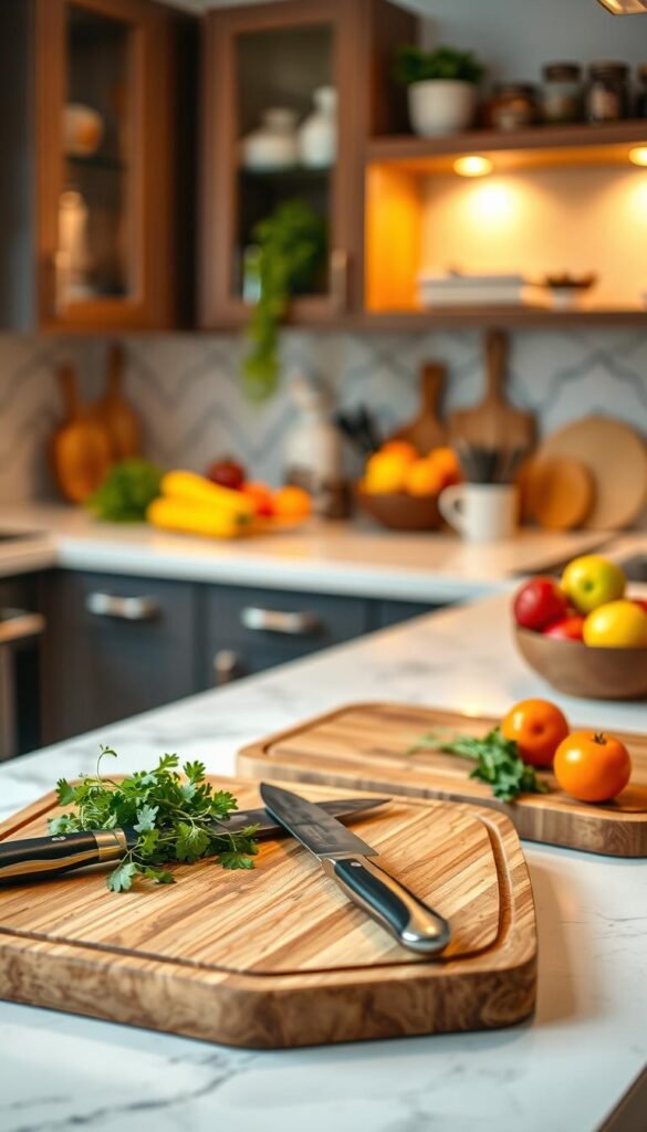 A beautifully arranged kitchen scene showcasing a variety of cutting boards and prep surfaces in use. In the foreground, a sturdy wood cutting board is highlighted, with a sharp chef's knife resting beside fresh vegetables and herbs, glistening under soft, warm kitchen lighting. The middle ground features a sleek marble prep surface, adorned with an assortment of colorful fruits and spices. In the background, soft-focus kitchen cabinets with modern decor create a cozy, inviting atmosphere. The lens captures depth, giving a slight bokeh effect that emphasizes the foreground details and enhances the depth of field. Overall, the mood is inviting and serene, perfect for a home cooking vibe. This lifestyle image embodies the essence of "CozyTrendHub" aesthetic, suitable for a stylish kitchen article.