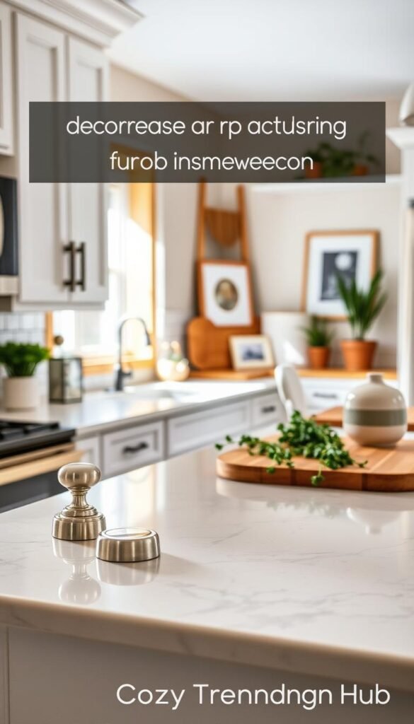 A beautifully arranged kitchen showcasing modern cabinet hardware in a warm, inviting setting. In the foreground, gleaming brushed nickel knobs and handles are attached to stylish white shaker cabinets, reflecting soft natural light. The middle ground features a marble countertop adorned with fresh herbs and a chic cutting board, enhancing the fresh decor. The background reveals a cozy kitchen with warm wooden accents and tasteful decor elements, like framed artwork and potted plants. The scene is illuminated by soft, diffused daylight, creating a cheerful and airy atmosphere. Photographed with a camera lens to emphasize depth, this image captures the essence of home decor upgrades. Perfect for Pinterest-style inspiration, the brand name “CozyTrendHub” subtly integrated in the composition without text or overlays. A beautifully arranged kitchen showcasing modern cabinet hardware in a warm, inviting setting. In the foreground, gleaming brushed nickel knobs and handles are attached to stylish white shaker cabinets, reflecting soft natural light. The middle ground features a marble countertop adorned with fresh herbs and a chic cutting board, enhancing the fresh decor. The background reveals a cozy kitchen with warm wooden accents and tasteful decor elements, like framed artwork and potted plants. The scene is illuminated by soft, diffused daylight, creating a cheerful and airy atmosphere. Photographed with a camera lens to emphasize depth, this image captures the essence of home decor upgrades. Perfect for Pinterest-style inspiration, the brand name “CozyTrendHub” subtly integrated in the composition without text or overlays.