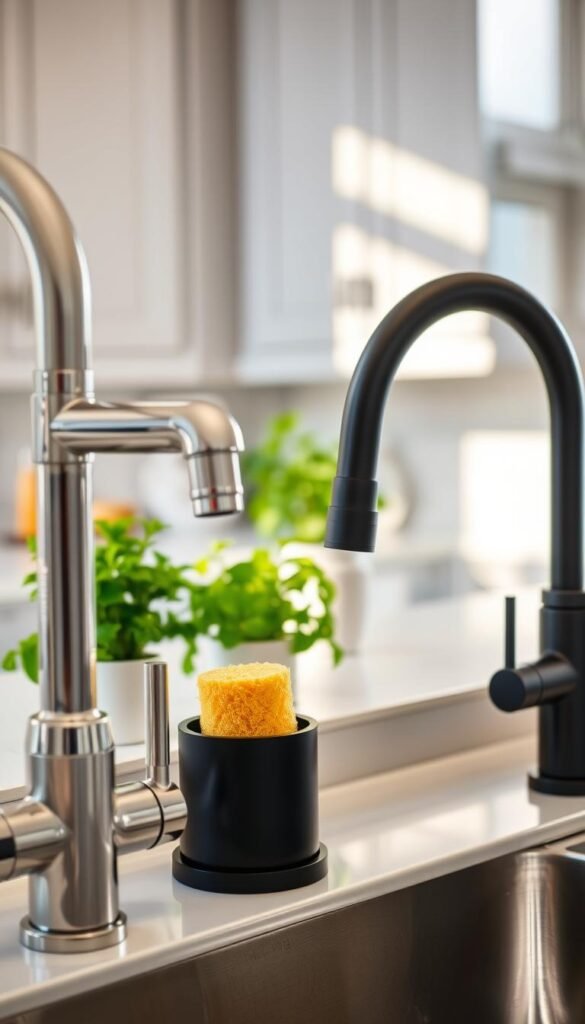 A beautifully arranged kitchen sink area, showcasing a variety of modern kitchen faucet options in sleek, contemporary designs. In the foreground, focus on two distinct faucets: one with a pull-down sprayer in polished chrome, and another in matte black with a minimalist aesthetic. The middle section features a stylish sponge holder next to a gleaming sink, while vibrant green potted herbs add a touch of nature. In the background, subtly blurred, there are light gray cabinets and white subway tile backsplash that complement the overall scene. Warm, natural lighting filters in, creating a cozy and inviting atmosphere. The lens captures a slightly elevated angle to emphasize the functionality and style of the faucets. Inspired by CozyTrendHub, the image reflects modern home upgrades without permanent changes.