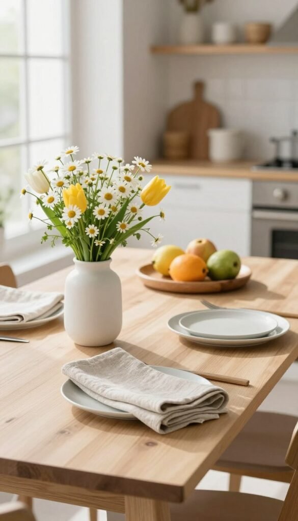 A beautifully arranged kitchen table featuring minimalist spring decor essentials, showcasing a light-colored wooden table set against a bright, airy backdrop. In the foreground, a simple white ceramic vase filled with fresh daisies and tulips adds a pop of color. A few neatly folded linen napkins in soft pastels are artfully placed beside elegant, minimalist ceramic plates. In the middle layer, subtle touches like a handcrafted wooden tray holding fresh fruits create functionality while enhancing aesthetics. The background features a softly lit kitchen, with light streaming in through large windows, casting gentle shadows. Capture this scene with a warm, inviting mood, in a high-resolution format, using a shallow depth of field. Ideal for a Pinterest-style lifestyle photo by CozyTrendHub.