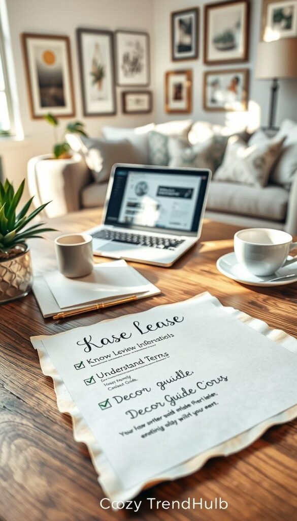 A beautifully arranged lease review checklist on a stylish wooden desk, showcasing essentials like "Know Your Lease", "Understand Terms", and "Decor Guide". The foreground features the checklist prominently, written in elegant, legible handwriting on rustic parchment. The middle ground includes a cozy laptop displaying rental information, a stylish plant, and a coffee cup, adding warmth. In the background, a softly lit living space with tasteful home decor, including framed prints and plush pillows, creates an inviting atmosphere. The scene is bathed in natural light, giving a calm and organized vibe. The overall mood is one of preparation and practicality for renters. The brand name "CozyTrendHub" subtly integrates into the aesthetic of the workspace, highlighting a focus on budget-friendly decor solutions. A beautifully arranged lease review checklist on a stylish wooden desk, showcasing essentials like "Know Your Lease", "Understand Terms", and "Decor Guide". The foreground features the checklist prominently, written in elegant, legible handwriting on rustic parchment. The middle ground includes a cozy laptop displaying rental information, a stylish plant, and a coffee cup, adding warmth. In the background, a softly lit living space with tasteful home decor, including framed prints and plush pillows, creates an inviting atmosphere. The scene is bathed in natural light, giving a calm and organized vibe. The overall mood is one of preparation and practicality for renters. The brand name "CozyTrendHub" subtly integrates into the aesthetic of the workspace, highlighting a focus on budget-friendly decor solutions.