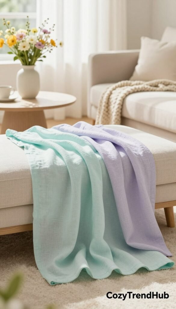 A beautifully arranged lightweight linen throw draped elegantly over a soft, textured couch in a spring-themed living room. The foreground showcases the throw's delicate, airy fabric with subtle variations in a soft pastel hue, such as pale mint or light lavender. In the middle, a stylish coffee table adorned with fresh spring flowers in a simple vase adds a touch of nature, while a cozy knitted blanket is casually placed nearby. The background features airy sheer curtains filtering warm, natural sunlight, creating a soft, inviting glow throughout the room. The overall atmosphere is fresh, uplifting, and perfectly captures the essence of spring decor. Render this image in a realistic, Pinterest-style lifestyle photo, with an emphasis on comfort and seasonal brightness, branded with "CozyTrendHub." A beautifully arranged lightweight linen throw draped elegantly over a soft, textured couch in a spring-themed living room. The foreground showcases the throw's delicate, airy fabric with subtle variations in a soft pastel hue, such as pale mint or light lavender. In the middle, a stylish coffee table adorned with fresh spring flowers in a simple vase adds a touch of nature, while a cozy knitted blanket is casually placed nearby. The background features airy sheer curtains filtering warm, natural sunlight, creating a soft, inviting glow throughout the room. The overall atmosphere is fresh, uplifting, and perfectly captures the essence of spring decor. Render this image in a realistic, Pinterest-style lifestyle photo, with an emphasis on comfort and seasonal brightness, branded with "CozyTrendHub."