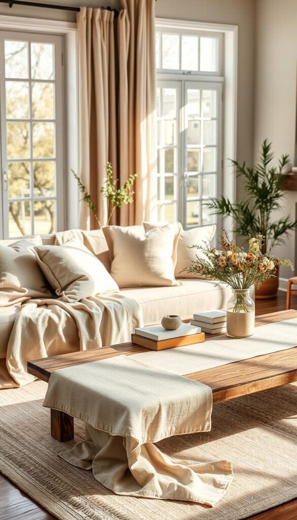 A beautifully arranged linen upgrade scene showcasing a stylish, well-lit living room adorned with high-quality linen textiles. In the foreground, a cozy sofa draped with elegant linen throw pillows and a soft linen blanket in muted, earthy tones. The middle ground features a linen table runner on a rustic wooden coffee table, complemented by decorative items like a vase of fresh flowers and a few thoughtfully arranged books. In the background, large windows allow natural sunlight to flood the room, casting soft shadows that enhance the luxurious drape of the fabrics. The overall atmosphere exudes warmth and sophistication, inviting a sense of comfort and style. Ideal for a seasonal home décor theme, the image reflects the brand "CozyTrendHub," emphasizing quality and longevity in textiles. A beautifully arranged linen upgrade scene showcasing a stylish, well-lit living room adorned with high-quality linen textiles. In the foreground, a cozy sofa draped with elegant linen throw pillows and a soft linen blanket in muted, earthy tones. The middle ground features a linen table runner on a rustic wooden coffee table, complemented by decorative items like a vase of fresh flowers and a few thoughtfully arranged books. In the background, large windows allow natural sunlight to flood the room, casting soft shadows that enhance the luxurious drape of the fabrics. The overall atmosphere exudes warmth and sophistication, inviting a sense of comfort and style. Ideal for a seasonal home décor theme, the image reflects the brand "CozyTrendHub," emphasizing quality and longevity in textiles.