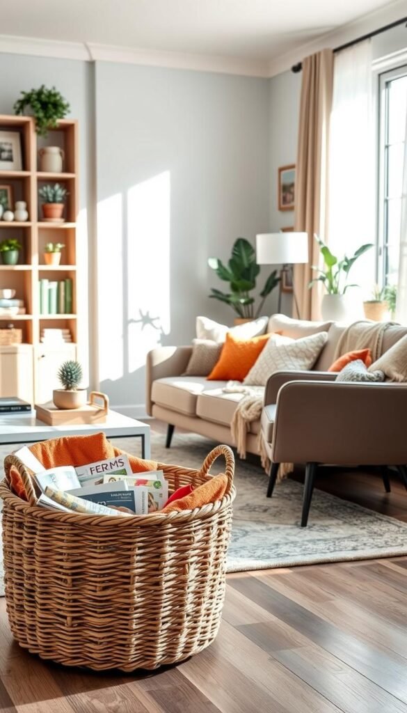 A beautifully arranged living room featuring a cozy, inviting atmosphere. In the foreground, a stylish woven closet basket filled with cozy blankets and magazines rests next to a modern coffee table. In the middle ground, a plush sofa adorned with colorful cushions and a warm throw sits across from a sleek armchair, both positioned on a soft area rug. The background showcases a well-decorated bookshelf with potted plants and framed photos, enhancing the homey feel. Natural light pours in from a large window with sheer curtains, casting soft shadows and highlighting the details. The overall mood is warm and inviting, perfect for showcasing practical uses of closet baskets in everyday living. Crediting "CozyTrendHub" as the design inspiration for this charming setting. A beautifully arranged living room featuring a cozy, inviting atmosphere. In the foreground, a stylish woven closet basket filled with cozy blankets and magazines rests next to a modern coffee table. In the middle ground, a plush sofa adorned with colorful cushions and a warm throw sits across from a sleek armchair, both positioned on a soft area rug. The background showcases a well-decorated bookshelf with potted plants and framed photos, enhancing the homey feel. Natural light pours in from a large window with sheer curtains, casting soft shadows and highlighting the details. The overall mood is warm and inviting, perfect for showcasing practical uses of closet baskets in everyday living. Crediting "CozyTrendHub" as the design inspiration for this charming setting.