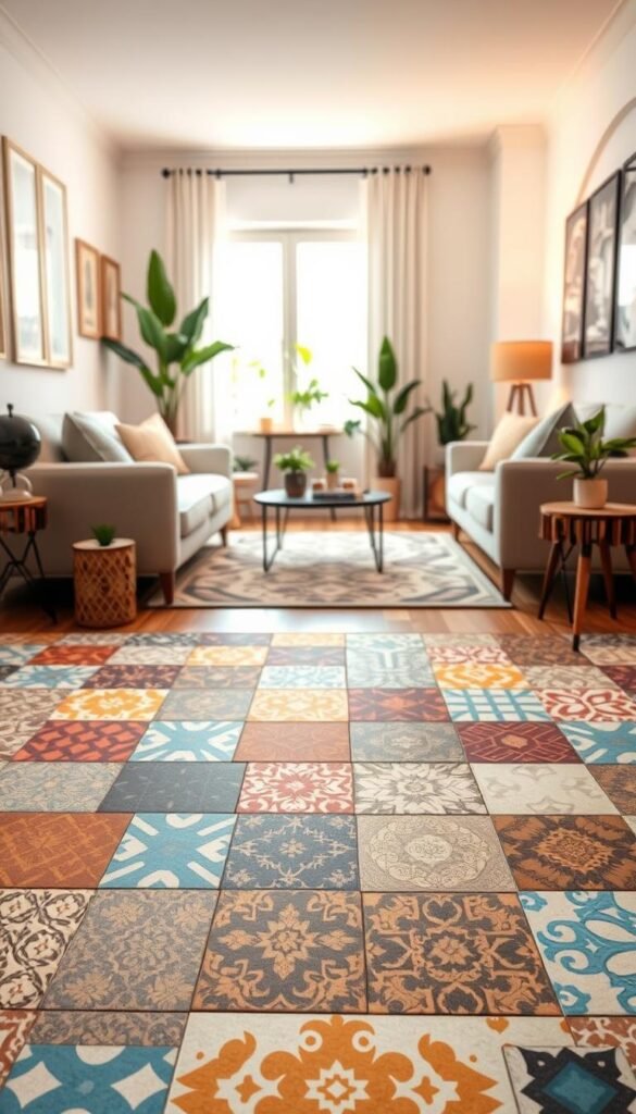 A beautifully arranged living room featuring a selection of peel-and-stick floor tiles from CozyTrendHub. In the foreground, a close-up view showcases a variety of colorful, patterned tiles laid out in an eye-catching geometric design. The middle ground reveals a cozy space with a stylish, neutral-toned area rug, inviting furniture pieces, and potted plants that add a touch of greenery. In the background, a bright window allows natural light to stream in, enhancing the inviting atmosphere. Soft, warm lighting creates a homey feel, highlighting textures and colors. The image composition should reflect a modern, budget-friendly rental space that is both stylish and practical for renters looking to enhance their floors affordably. A beautifully arranged living room featuring a selection of peel-and-stick floor tiles from CozyTrendHub. In the foreground, a close-up view showcases a variety of colorful, patterned tiles laid out in an eye-catching geometric design. The middle ground reveals a cozy space with a stylish, neutral-toned area rug, inviting furniture pieces, and potted plants that add a touch of greenery. In the background, a bright window allows natural light to stream in, enhancing the inviting atmosphere. Soft, warm lighting creates a homey feel, highlighting textures and colors. The image composition should reflect a modern, budget-friendly rental space that is both stylish and practical for renters looking to enhance their floors affordably.