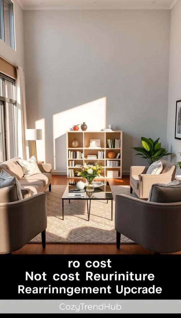 A beautifully arranged living room featuring a stylish sofa with soft cushions, a chic coffee table adorned with a vase of fresh flowers, and an inviting area rug to tie the space together. In the foreground, natural sunlight streams through large windows, creating warm, inviting shadows. The middle ground showcases a well-organized bookshelf filled with books and decorative items, while cozy armchairs flank the coffee table, inviting relaxation. The background displays subtle wall art and a few indoor plants, enhancing the homely atmosphere. The scene captures a serene, uncluttered vibe, perfect for showcasing a no-cost furniture rearrangement upgrade. Shot with a wide-angle lens to emphasize space and depth, this Pinterest-style lifestyle image reflects a modern, elegant living room, branded with “CozyTrendHub.” A beautifully arranged living room featuring a stylish sofa with soft cushions, a chic coffee table adorned with a vase of fresh flowers, and an inviting area rug to tie the space together. In the foreground, natural sunlight streams through large windows, creating warm, inviting shadows. The middle ground showcases a well-organized bookshelf filled with books and decorative items, while cozy armchairs flank the coffee table, inviting relaxation. The background displays subtle wall art and a few indoor plants, enhancing the homely atmosphere. The scene captures a serene, uncluttered vibe, perfect for showcasing a no-cost furniture rearrangement upgrade. Shot with a wide-angle lens to emphasize space and depth, this Pinterest-style lifestyle image reflects a modern, elegant living room, branded with “CozyTrendHub.”