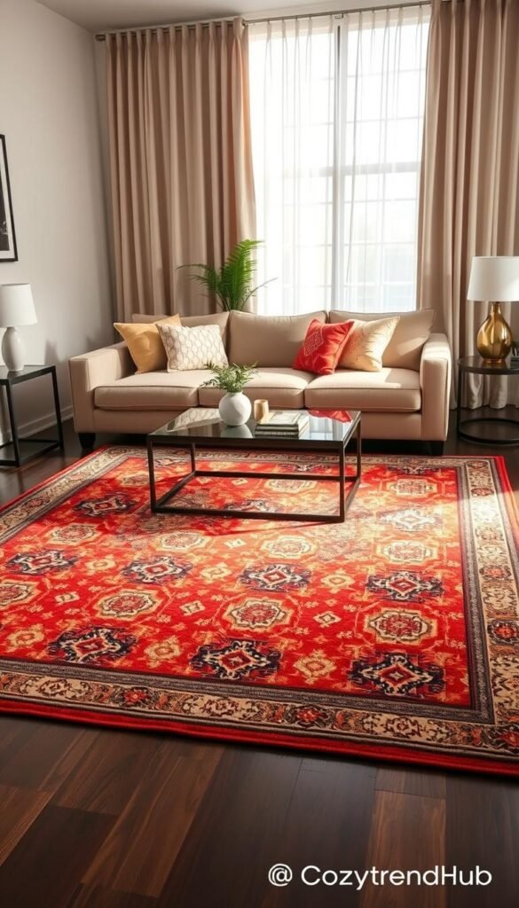 A beautifully arranged living room featuring a vibrant, patterned area rug as the focal point. In the foreground, the rug, adorned with intricate geometric designs in a warm palette of reds, blues, and creams, contrasts elegantly against dark hardwood flooring. In the middle ground, a stylish coffee table sits atop the rug, surrounded by plush, neutral-toned sofas with inviting throw pillows. A potted plant adds a touch of greenery beside the couch. In the background, soft, natural light filters through sheer curtains, illuminating the room and creating a cozy atmosphere. The overall mood is welcoming and sophisticated, reminiscent of Pinterest-style home decor, capturing the essence of modern living. Designed for CozyTrendHub.