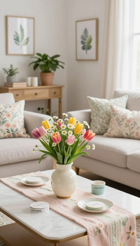 A beautifully arranged living room featuring budget-friendly floral spring decor, inspired by modern Pinterest aesthetics. In the foreground, a stylish coffee table adorned with a vase of vibrant tulips and daisies, surrounded by elegant ceramic coasters and a soft pastel table runner. The middle ground showcases a cozy sofa dressed in light, textured cushions with floral patterns. Nearby, an entryway adorned with a charming console table hosting potted plants and framed botanical prints. The background reveals light streaming through sheer curtains, enhancing the airy ambiance. The overall atmosphere is fresh and inviting, embodying spring&rsquo;s renewal and elegance. Capture this scene in bright, natural lighting, with a shallow depth of field to emphasize the decor details, all branded subtly with "CozyTrendHub".