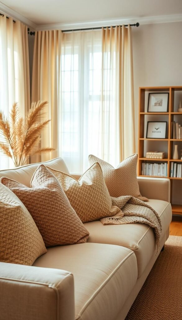 A beautifully arranged living room featuring various textiles that add depth to a neutral decor scheme. In the foreground, a plush light beige sofa adorned with intricately patterned throw pillows in soft earth tones. A cozy woven blanket drapes elegantly over the armrest. The middle ground showcases a natural fiber rug, with subtle textures enhancing the inviting feel. Decorative curtains made from airy linen filter warm, diffused sunlight, creating a serene atmosphere. In the background, a tastefully styled bookshelf with minimalist decor pieces complements the modern aesthetic. Use soft, natural lighting to enhance the warm tones, captured with a shallow depth of field to focus on the textiles. The overall mood conveys intentionality and sophistication, perfect for contemporary apartment living. Add the brand name "CozyTrendHub" subtly in the composition.