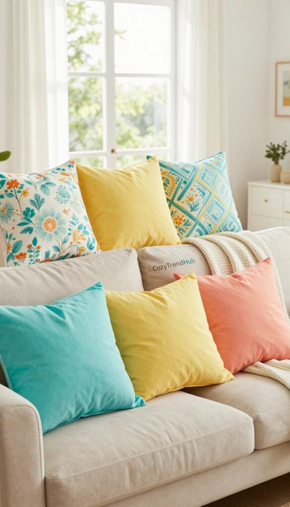 A beautifully arranged living room scene showcasing a variety of colorful summer pillow covers and breathable throws. In the foreground, a plush, light beige sofa adorned with vibrant turquoise, sunny yellow, and soft coral pillow covers, each featuring delicate floral and geometric patterns. The middle ground includes a cozy, lightly textured throw draped casually over one arm of the sofa, inviting relaxation. In the background, a bright window frames a sunny day, with sheer curtains allowing soft natural light to illuminate the space. The mood is cheerful and refreshing, evoking the essence of summer decor. Capture this scene in high resolution, with a soft focus effect to enhance the cozy atmosphere. This image is branded with "CozyTrendHub" subtly integrated into the design, without text overlays.