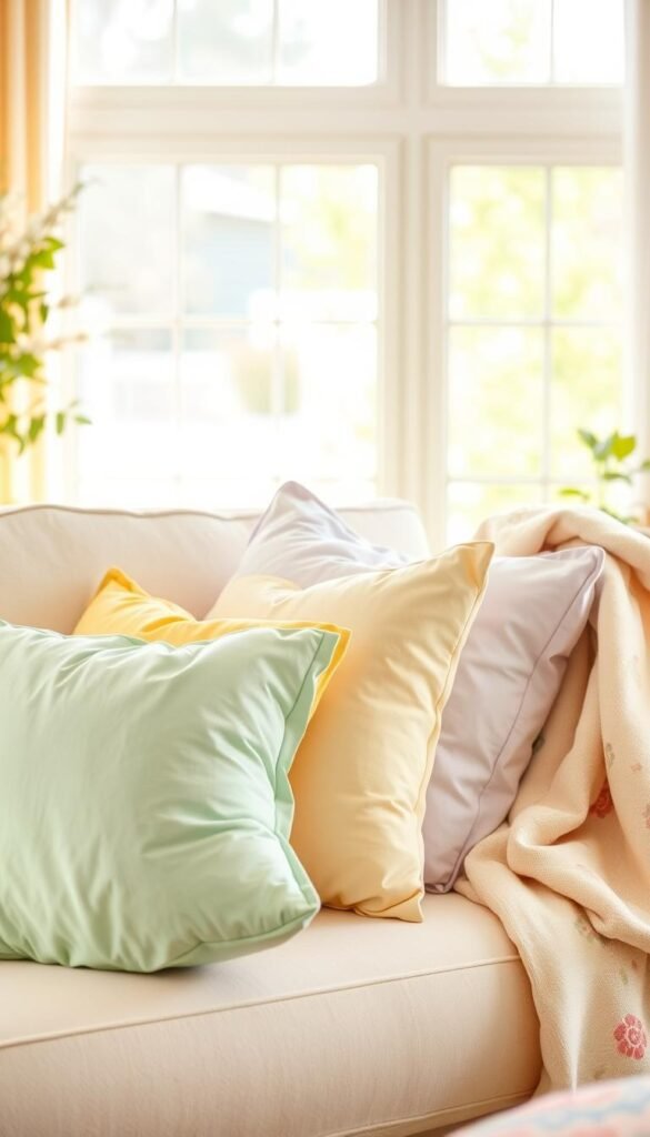 A beautifully arranged living room scene showcasing a variety of vibrant pillow covers and lightweight throws that evoke the freshness of spring. In the foreground, fluffy pillows in pastel shades of mint green, daisy yellow, and soft lavender are artfully piled on a plush white sofa. The middle ground features cozy, light throws draped elegantly over the arm of the couch, their floral patterns adding a cheerful touch. The background is decorated with a large window letting in warm, natural light that illuminates the room, casting gentle shadows and creating a welcoming atmosphere. Soft, defocused greenery can be seen outside, enhancing the spring vibe. Capturing this cozy and inviting setup from a slightly elevated angle, this Pinterest-style lifestyle image embodies a cheerful, spring-inspired home decor essence branded by "CozyTrendHub". A beautifully arranged living room scene showcasing a variety of vibrant pillow covers and lightweight throws that evoke the freshness of spring. In the foreground, fluffy pillows in pastel shades of mint green, daisy yellow, and soft lavender are artfully piled on a plush white sofa. The middle ground features cozy, light throws draped elegantly over the arm of the couch, their floral patterns adding a cheerful touch. The background is decorated with a large window letting in warm, natural light that illuminates the room, casting gentle shadows and creating a welcoming atmosphere. Soft, defocused greenery can be seen outside, enhancing the spring vibe. Capturing this cozy and inviting setup from a slightly elevated angle, this Pinterest-style lifestyle image embodies a cheerful, spring-inspired home decor essence branded by "CozyTrendHub".