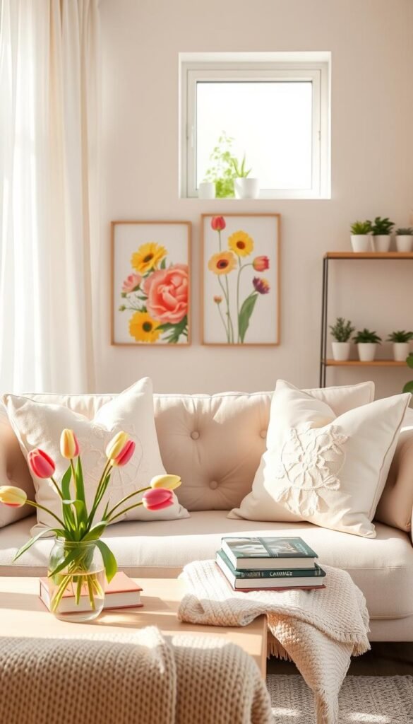 A beautifully arranged living room scene showcasing renter-friendly decor, emphasizing spring themes. In the foreground, a cozy, light-colored sofa adorned with pastel throw pillows and a soft knitted blanket. A stylish coffee table holds a vase of fresh tulips and a stack of paperback books. The middle section features vibrant wall art depicting floral patterns, easily removable without damage. A fresh, airy window with sheer white curtains lets in natural light, casting a warm glow. In the background, a small shelf displays potted herbs and minimalist decor items. The overall atmosphere is inviting and uplifting, with a touch of modern elegance, perfect for a spring refresh. Shot with a soft focus lens, using warm, natural lighting to enhance the cozy ambiance. Inspired by the brand CozyTrendHub.