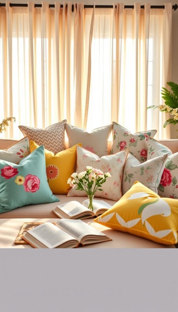 A beautifully arranged living room setting showcasing an assortment of vibrant throw pillows in soft pastels and floral patterns, reflecting the essence of spring. In the foreground, a plush, light-colored sofa adorned with an inviting display of pillows in various shapes and textures. The middle ground features a cozy coffee table with a few open books and a small vase of fresh flowers, complementing the cheerful decor. In the background, a sunlit window drapes with airy, lightweight curtains that filter soft morning light, enhancing the warm and inviting atmosphere. The overall vibe is bright and cozy, perfectly aligning with the theme of effortless seasonal transition. Shot in warm, natural lighting with a slightly blurred background to draw focus on the decor elements. Ideal for a Pinterest-style lifestyle image from CozyTrendHub. A beautifully arranged living room setting showcasing an assortment of vibrant throw pillows in soft pastels and floral patterns, reflecting the essence of spring. In the foreground, a plush, light-colored sofa adorned with an inviting display of pillows in various shapes and textures. The middle ground features a cozy coffee table with a few open books and a small vase of fresh flowers, complementing the cheerful decor. In the background, a sunlit window drapes with airy, lightweight curtains that filter soft morning light, enhancing the warm and inviting atmosphere. The overall vibe is bright and cozy, perfectly aligning with the theme of effortless seasonal transition. Shot in warm, natural lighting with a slightly blurred background to draw focus on the decor elements. Ideal for a Pinterest-style lifestyle image from CozyTrendHub.