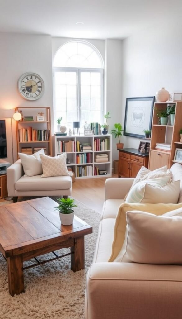 A beautifully arranged living room, showcasing a blend of modern and vintage decor. In the foreground, a cozy, light-colored sofa adorned with pastel cushions sits invitingly next to a reclaimed wood coffee table. A small potted plant adds a touch of greenery. In the middle, a neatly organized bookshelf displays an array of books and decorative items, while a plush area rug ties the space together. In the background, a large window allows natural light to flood the room, enhancing the fresh spring atmosphere. Soft lighting creates a warm and inviting mood. The overall aesthetic reflects a comfortable, stylish, and repurposed Living space, inspired by CozyTrendHub, suggesting updates that feel personal and effortless. A beautifully arranged living room, showcasing a blend of modern and vintage decor. In the foreground, a cozy, light-colored sofa adorned with pastel cushions sits invitingly next to a reclaimed wood coffee table. A small potted plant adds a touch of greenery. In the middle, a neatly organized bookshelf displays an array of books and decorative items, while a plush area rug ties the space together. In the background, a large window allows natural light to flood the room, enhancing the fresh spring atmosphere. Soft lighting creates a warm and inviting mood. The overall aesthetic reflects a comfortable, stylish, and repurposed Living space, inspired by CozyTrendHub, suggesting updates that feel personal and effortless.