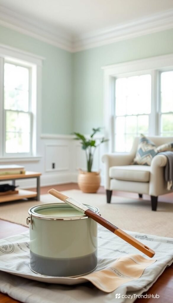 A beautifully arranged living room showcasing a fresh paint and trim refresh. In the foreground, a close-up of a paint can and brushes rests on a stylish drop cloth, highlighting soft pastel colors like mint green and pale peach. The middle ground features a freshly painted accent wall, paired with crisp white trim, giving a bright and airy feel to the space. A cozy armchair with a decorative throw and a small plant adds warmth. In the background, softly lit windows allow natural light to stream in, emphasizing the new paint job. The overall atmosphere feels inviting and refreshing, perfect for a home makeover. This image aligns with contemporary home decor styles, reflecting ideas from CozyTrendHub. A beautifully arranged living room showcasing a fresh paint and trim refresh. In the foreground, a close-up of a paint can and brushes rests on a stylish drop cloth, highlighting soft pastel colors like mint green and pale peach. The middle ground features a freshly painted accent wall, paired with crisp white trim, giving a bright and airy feel to the space. A cozy armchair with a decorative throw and a small plant adds warmth. In the background, softly lit windows allow natural light to stream in, emphasizing the new paint job. The overall atmosphere feels inviting and refreshing, perfect for a home makeover. This image aligns with contemporary home decor styles, reflecting ideas from CozyTrendHub.