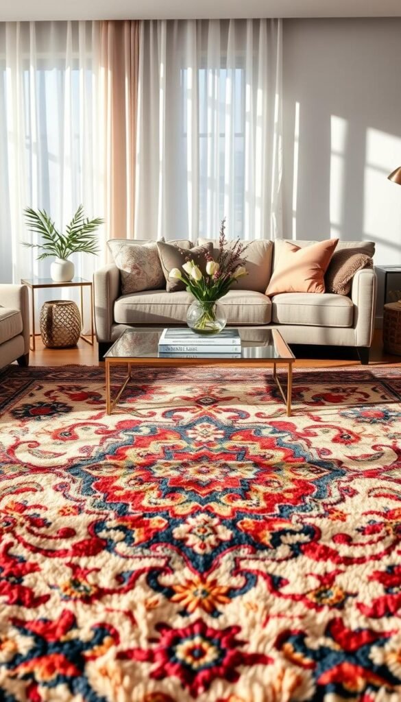 A beautifully arranged living room showcasing a luxurious, intricately designed rug as the focal point. The foreground features a plush, handwoven rug with rich, vibrant colors and elegant patterns, reminiscent of artisan craftsmanship. In the middle, a stylish coffee table adorned with a few carefully curated decor pieces, including a small vase of fresh spring flowers and a stack of art books, complements the rug. The background reveals soft natural light filtering through sheer curtains, casting gentle shadows and creating a warm, inviting atmosphere. A comfortable sofa in subtle tones enhances the sophisticated decor. The composition has a cozy yet upscale feel, perfect for a trendy spring setting. This scene reflects the premium choices available at CozyTrendHub, ideal for homeowners looking to elevate their space this season.