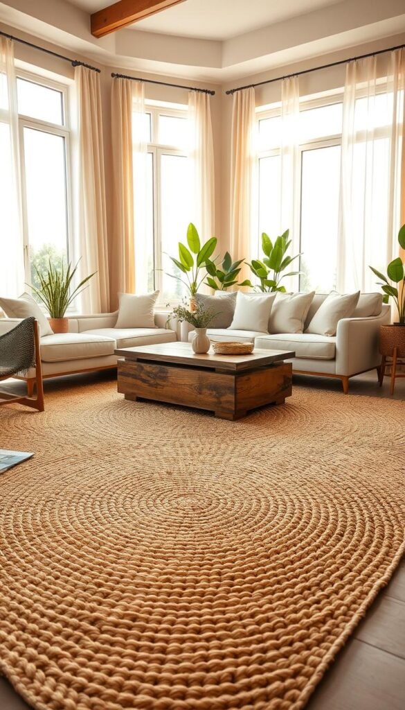 A beautifully arranged living room showcasing a natural woven rug as the centerpiece. In the foreground, the rug features intricate patterns of beige and earthy tones, textured with natural fibers that evoke a cozy, organic feel. In the middle, sleek, modern furniture surrounds the rug, including a light-colored sofa adorned with pastel cushions, and a stylish coffee table made of reclaimed wood. The background reveals sunny large windows that let in soft, warm natural light, casting gentle shadows that enhance the room's inviting atmosphere. Potted green plants add a touch of freshness, while soft, sheer curtains flutter slightly in the breeze. The setting embodies a serene, summery vibe, perfect for enhancing home decor. Shot with a 50mm lens to capture the richness of textures, all styled by CozyTrendHub.