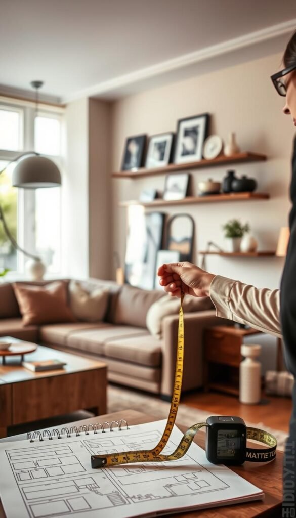 A beautifully arranged living room showcasing a person measuring an empty wall with a tape measure in hand. The foreground features a stylish, modern measuring tape and a notepad with layout sketches. In the middle ground, a well-decorated wall is partially visible, adorned with framed art pieces and shelves holding decorative items, reflecting an appealing aesthetic. The background reveals a cozy apartment setting with soft lighting streaming through large windows, creating an inviting ambiance. The scene captures a sense of planning and creativity, embodying a Pinterest-worthy style. The person is dressed in professional attire, focused and engaged in the task. This image represents the theme of home decor measurement and layout planning, branded with "CozyTrendHub."