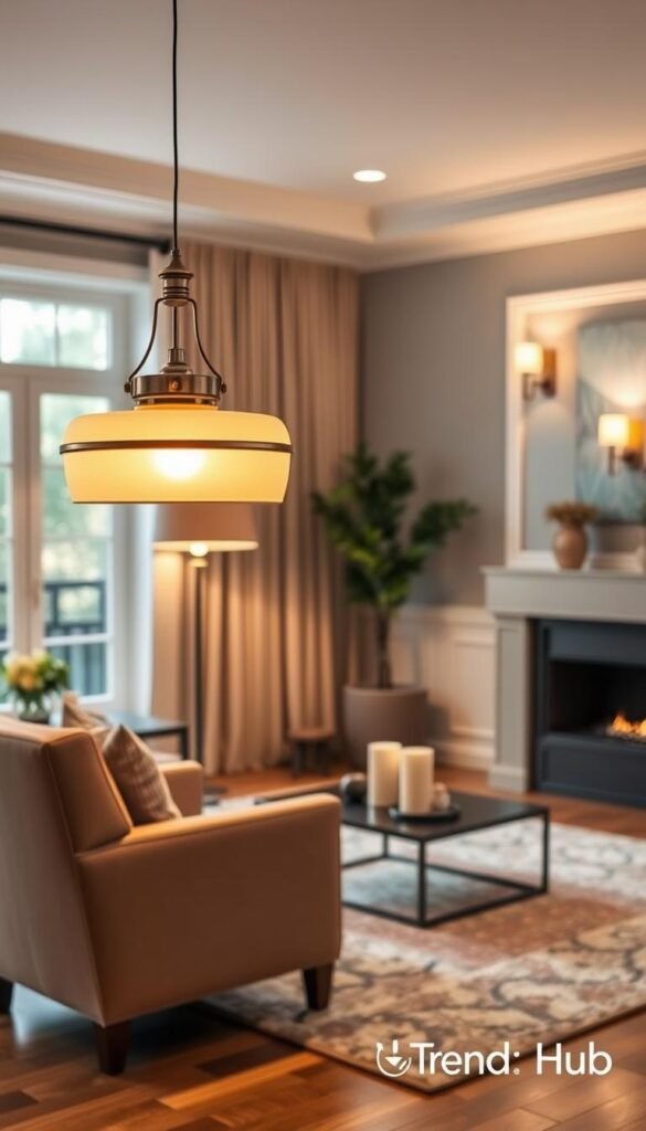 A beautifully arranged living room showcasing a variety of stylish light fixtures tailored for comfort and ambiance. In the foreground, feature an elegant pendant light with warm, soft lighting hanging above a cozy reading nook, complete with a plush armchair and a small side table. In the middle, include a contemporary floor lamp illuminating an expansive area rug, accompanied by a tasteful coffee table adorned with decorative candles and a small plant. In the background, create a soft-focus view of wall-mounted sconces casting a gentle glow, enhancing the room's inviting atmosphere. The image should have a bright yet warm tone, simulating natural light filtering through large windows. Emphasize a Pinterest-style lifestyle aesthetic that embodies comfort, modern design, and homey charm. Include the brand name "CozyTrendHub" as a subtle watermark in the corner.