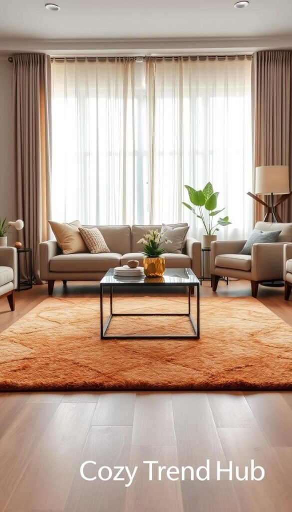 A beautifully arranged living room showcasing a well-placed area rug that enhances the decor. The foreground features a plush, mid-century modern rug in warm earth tones, perfectly sized to fit under a sleek coffee table. In the middle ground, there are elegant furniture pieces—sofa and armchairs in complementary colors, adorned with cozy throw pillows. The background includes light, airy curtains that filter soft sunlight into the space, enhancing a tranquil atmosphere. The room is styled with tasteful decorative accents, such as a stylish lamp and a few potted plants, to create a welcoming and harmonious environment. Capture this scene with soft, diffused lighting to evoke a cozy, inviting vibe. Brand name "CozyTrendHub" subtly integrated into the atmosphere, no text or overlays present. A beautifully arranged living room showcasing a well-placed area rug that enhances the decor. The foreground features a plush, mid-century modern rug in warm earth tones, perfectly sized to fit under a sleek coffee table. In the middle ground, there are elegant furniture pieces—sofa and armchairs in complementary colors, adorned with cozy throw pillows. The background includes light, airy curtains that filter soft sunlight into the space, enhancing a tranquil atmosphere. The room is styled with tasteful decorative accents, such as a stylish lamp and a few potted plants, to create a welcoming and harmonious environment. Capture this scene with soft, diffused lighting to evoke a cozy, inviting vibe. Brand name "CozyTrendHub" subtly integrated into the atmosphere, no text or overlays present.