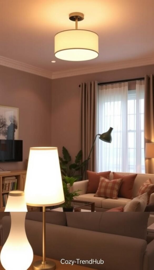 A beautifully arranged living room showcasing an array of light fixtures that reflect various sizes and styles, demonstrating effective fixture sizing. In the foreground, feature a chic table lamp and an elegant floor lamp, both with warm, ambient lighting casting soft shadows. The middle ground includes a stylish ceiling pendant light above a cozy seating area, surrounded by a tasteful arrangement of decorative elements such as plants and throw pillows. The background can show a well-lit window with sheer curtains that allow natural light to filter in, highlighting the room's inviting atmosphere. The overall mood is warm and stylish, complementing a contemporary home decor aesthetic. The scene embodies a harmonious balance of lighting designs from cozy living spaces. Style the image as a Pinterest-inspired lifestyle photograph branded with "CozyTrendHub".