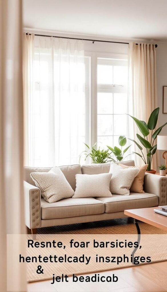 A beautifully arranged living room showcasing elegant window treatments that enhance privacy and warmth. In the foreground, sheer linen curtains gently drape along the window, letting soft, natural light filter in while providing a serene atmosphere. In the middle, a cozy, stylish sofa adorned with textured throw pillows sits on a woven rug, enhancing the inviting feel of the space. The background features a hint of greenery from potted plants, complementing the decor. The mood is calm and inviting, ideal for renters on a budget seeking stylish solutions. Shot in soft, diffused lighting with a warm color palette, this Pinterest-style lifestyle photo should have a focal length of 50mm to capture the cozy details and the overall aesthetic of the room. Perfect for CozyTrendHub. A beautifully arranged living room showcasing elegant window treatments that enhance privacy and warmth. In the foreground, sheer linen curtains gently drape along the window, letting soft, natural light filter in while providing a serene atmosphere. In the middle, a cozy, stylish sofa adorned with textured throw pillows sits on a woven rug, enhancing the inviting feel of the space. The background features a hint of greenery from potted plants, complementing the decor. The mood is calm and inviting, ideal for renters on a budget seeking stylish solutions. Shot in soft, diffused lighting with a warm color palette, this Pinterest-style lifestyle photo should have a focal length of 50mm to capture the cozy details and the overall aesthetic of the room. Perfect for CozyTrendHub.