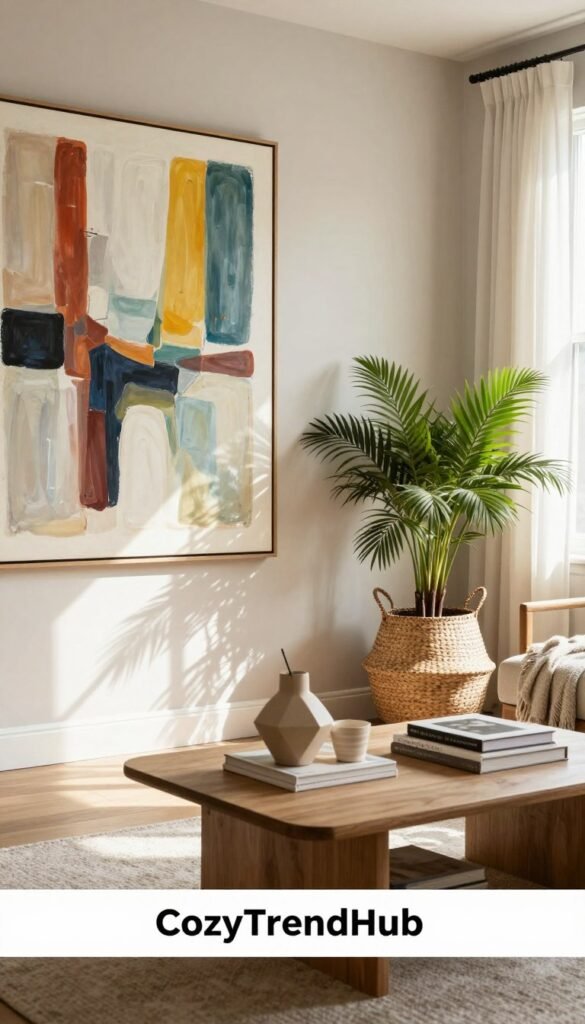 A beautifully arranged living room showcasing statement decor pieces under $100 that instantly enhance the space. In the foreground, a vibrant, oversized abstract painting with bold colors hangs prominently on a neutral-toned wall. To the side, a stylish woven basket filled with lush greenery adds a touch of freshness. The middle section features a chic coffee table adorned with various decorative items—think a trendy geometric vase, a stack of stylish books, and a cozy throw blanket draped casually. In the background, soft, natural light streams through sheer curtains, creating a warm and inviting atmosphere. The overall mood is relaxed yet sophisticated, perfect for summer decor under $100. Capture this scene in a Pinterest-style lifestyle photo for "CozyTrendHub". A beautifully arranged living room showcasing statement decor pieces under $100 that instantly enhance the space. In the foreground, a vibrant, oversized abstract painting with bold colors hangs prominently on a neutral-toned wall. To the side, a stylish woven basket filled with lush greenery adds a touch of freshness. The middle section features a chic coffee table adorned with various decorative items—think a trendy geometric vase, a stack of stylish books, and a cozy throw blanket draped casually. In the background, soft, natural light streams through sheer curtains, creating a warm and inviting atmosphere. The overall mood is relaxed yet sophisticated, perfect for summer decor under $100. Capture this scene in a Pinterest-style lifestyle photo for "CozyTrendHub".