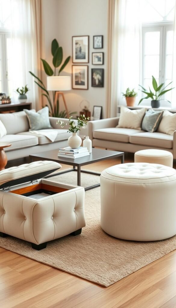 A beautifully arranged living room showcasing stylish storage ottomans and poufs that enhance both functionality and aesthetic appeal. In the foreground, there are two plush, modern ottomans in soft pastel colors, with open tops revealing hidden storage. One ottoman features a tufted design, while the other has a sleek, cylindrical shape. In the middle, a cozy area rug delineates the space, accented by a coffee table adorned with a decorative vase and a stack of design books. The background features a warm, inviting atmosphere with soft natural light streaming through large windows, adorned with sheer curtains. The decor includes potted plants and a tasteful gallery wall, evoking a relaxed yet stylish vibe. Photographed with a wide-angle lens to capture the inviting atmosphere, this scene embodies elegance and practicality, perfect for CozyTrendHub. A beautifully arranged living room showcasing stylish storage ottomans and poufs that enhance both functionality and aesthetic appeal. In the foreground, there are two plush, modern ottomans in soft pastel colors, with open tops revealing hidden storage. One ottoman features a tufted design, while the other has a sleek, cylindrical shape. In the middle, a cozy area rug delineates the space, accented by a coffee table adorned with a decorative vase and a stack of design books. The background features a warm, inviting atmosphere with soft natural light streaming through large windows, adorned with sheer curtains. The decor includes potted plants and a tasteful gallery wall, evoking a relaxed yet stylish vibe. Photographed with a wide-angle lens to capture the inviting atmosphere, this scene embodies elegance and practicality, perfect for CozyTrendHub.