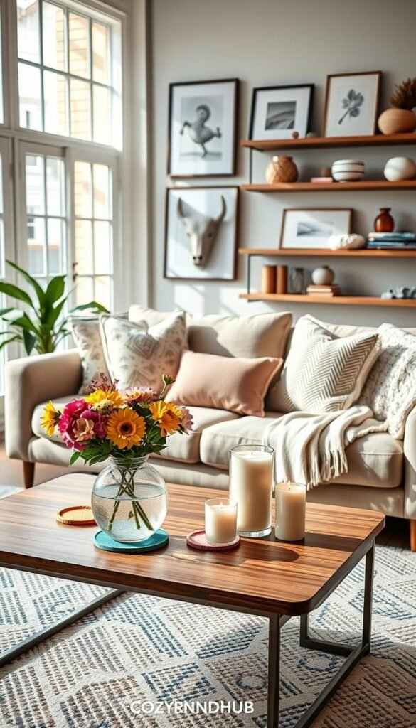 A beautifully arranged living room showcasing various Amazon home decor options from the brand "CozyTrendHub." In the foreground, a stylish coffee table adorned with a few decorative items like colorful coasters, a vibrant vase of fresh flowers, and scented candles. The middle ground features a plush sofa filled with cozy throw pillows and a soft blanket, creating a warm and inviting atmosphere. The background reveals a well-decorated wall with framed artwork and shelves displaying chic home accessories, bathed in soft, natural light filtering through large windows. The setting evokes a peaceful and modern vibe, perfect for everyday living, highlighting options that blend functionality with aesthetic beauty. The image should capture a Pinterest-inspired style, rich in detail and serenity.