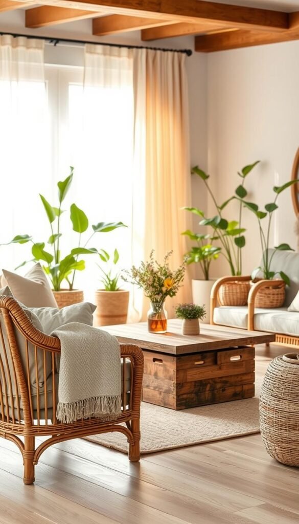 A beautifully arranged living space featuring elegant rattan furniture as the focal point. In the foreground, showcase a cozy rattan armchair adorned with soft, natural linen cushions and a light woven throw. The middle ground reveals a stylish coffee table crafted from reclaimed wood, decorated with a vase of fresh wildflowers. In the background, bright sunlight filters through sheer, airy curtains, creating a warm, inviting glow. Bright green potted plants add a touch of life, while light wooden flooring enhances the breezy summer atmosphere. Capture this scene in soft-focus, using a natural light source, to evoke a relaxed and refreshing mood that embraces earthy textures, perfect for a summery decor theme. Style it to reflect the essence of CozyTrendHub.